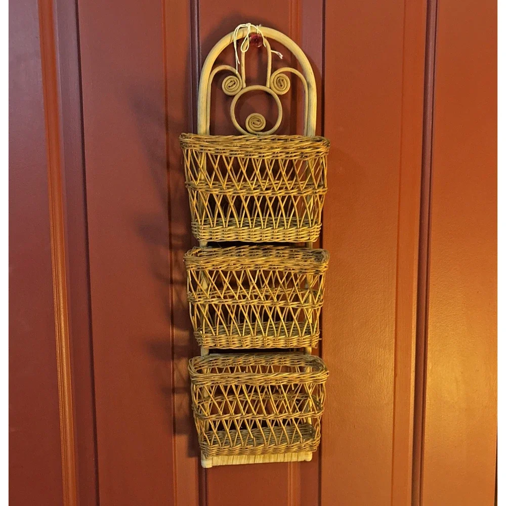 Vintage Boho Rattan Wicker Hanging Mail 3 Pocket Organizer 22